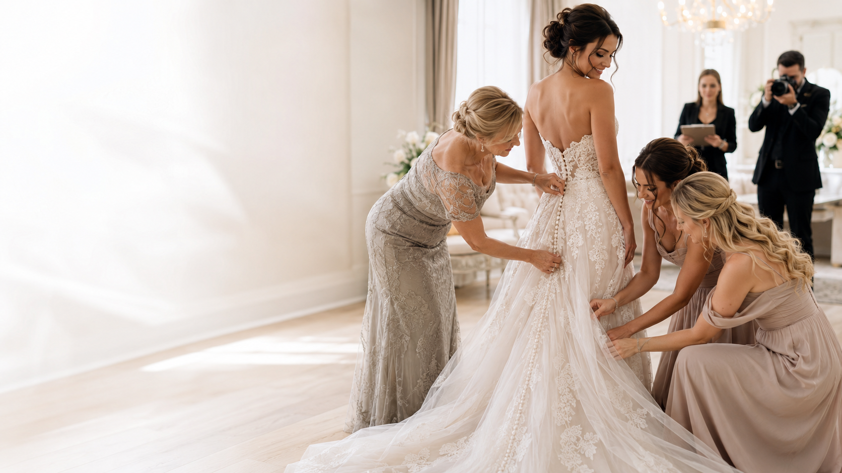 Bridesmaids and mother of the bride helping a bride with her wedding dress bustle