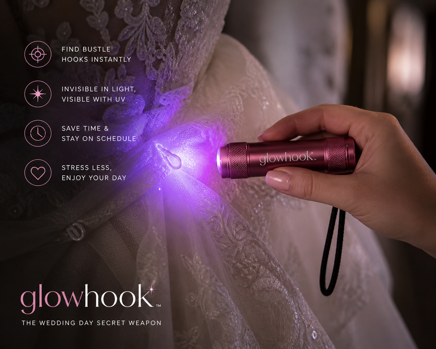 A bride being bustled with the GlowHook UV flashlight revealing a hidden mark