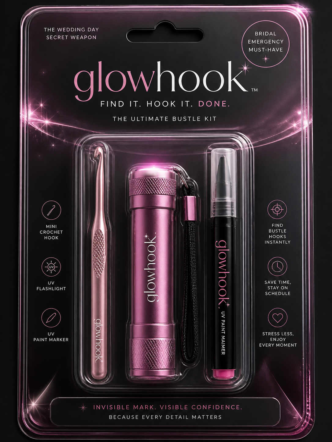 GlowHook Ultimate Bustle Kit packaging — mini crochet hook, UV flashlight, and UV paint marker